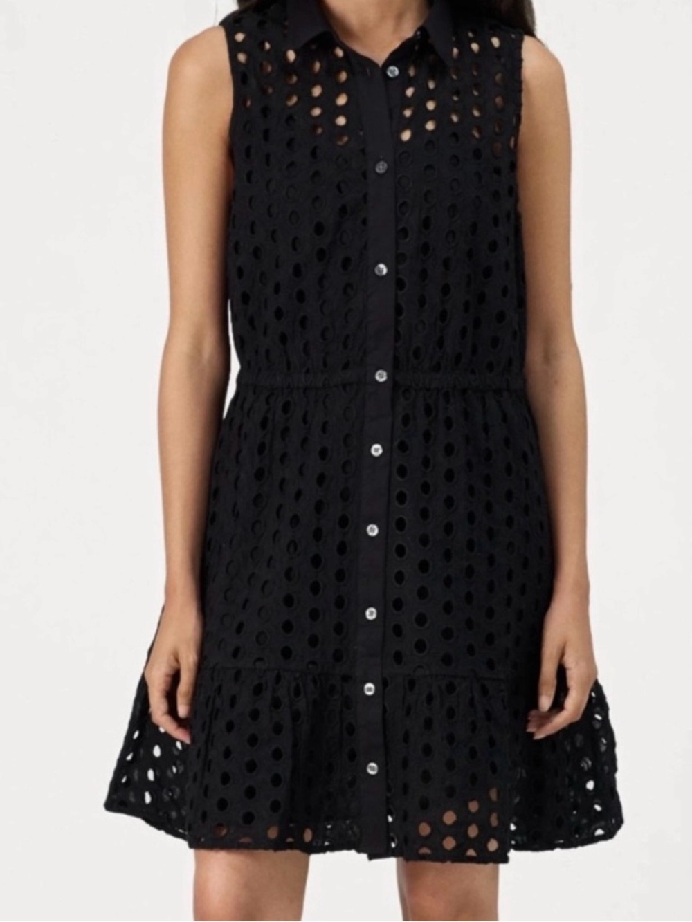 GAP Black Sleeveless Eyelet Cotton Button-Front Mini Dress with Collared Neck